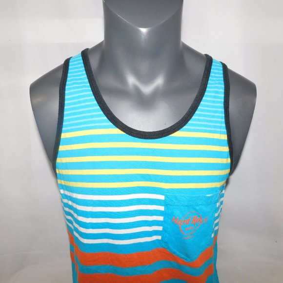 Hard Rock Hotel Cancun Mexico Mens L Striped Tank Top Blue Yellow Orange White - Picture 3 of 8